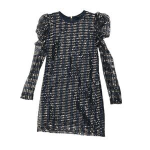 French Connection Blue Gold Sequins Sheer Sleeve Party Cocktail Dress Size 8